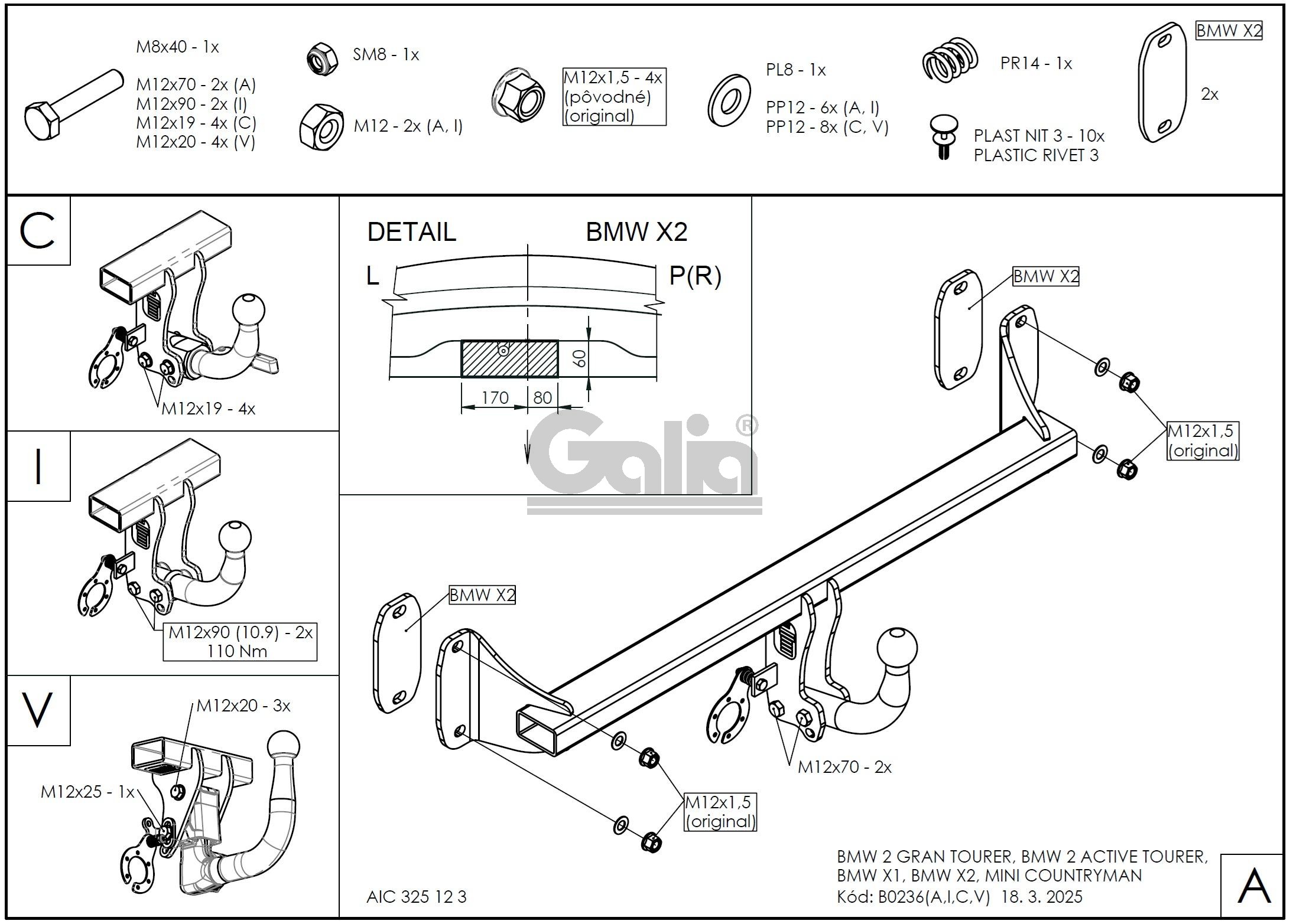 Полностью оцинкованный фаркоп на MINI Countryman 2017-2024, MINI Clubman 2015-2024, BMW X2 F39 2018-2024, BMW X1 F48 07/2015-2022, BMW 2-Series Active Tourer F45 09/2014-2021, BMW 2-Series Gran Tourer F46 05/2015-2021. Подрозетник убирается за бампер. Тип шара: AV (вертикальное быстросъемное крепление шара на ключе). Установка без выреза бампера. Нагрузки: 2000/90 кг, масса фаркопа 14,77 кг
