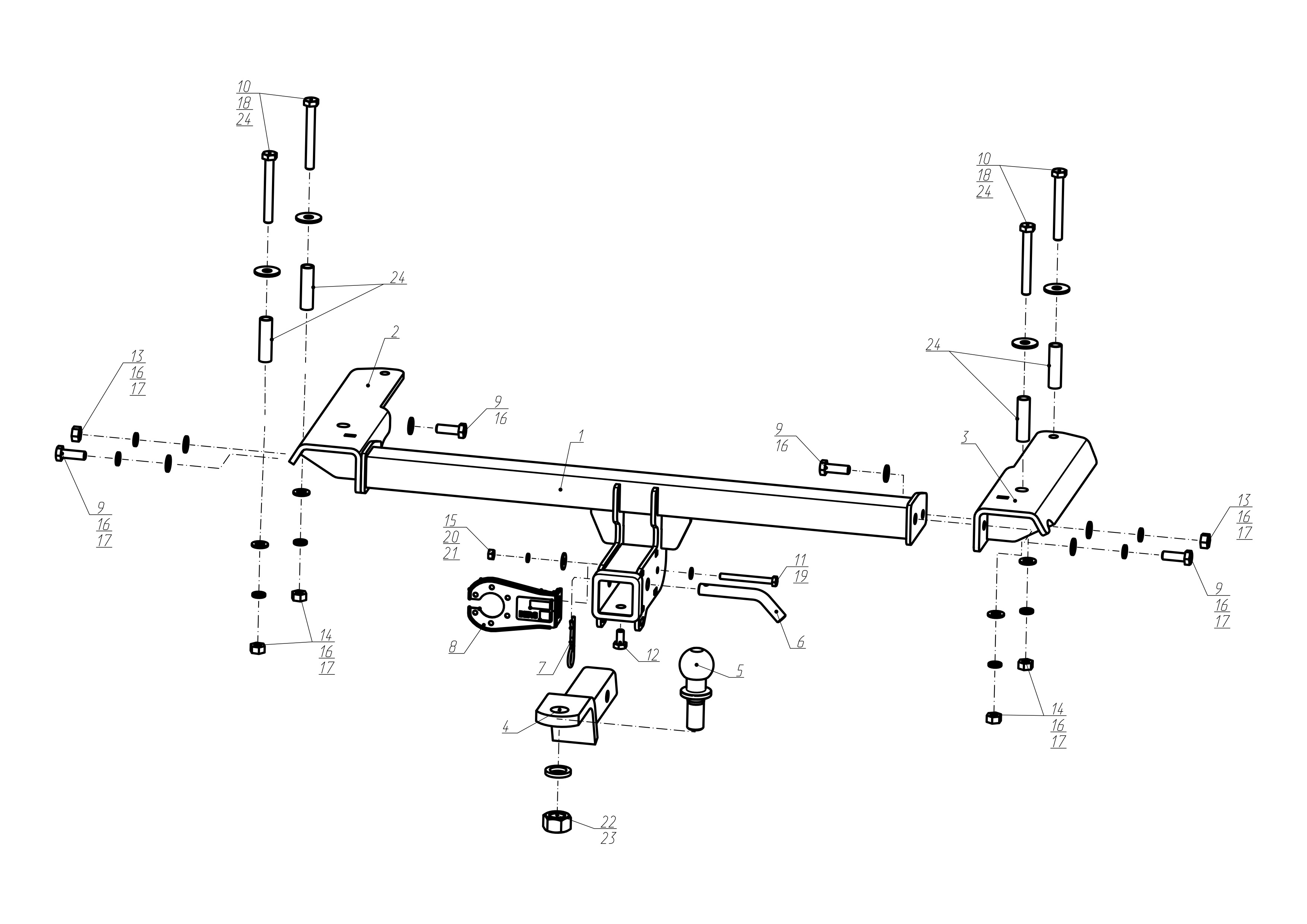 Фаркоп на Chery Tiggo 4 2024-, Chery Tiggo 4 Pro 2022-, Chery Tiggo 4 2019-2023 без снятия и подрезки бампера. Тип шара: E. Нагрузки: 1500/75 кг, масса фаркопа 18 кг (без электрики в комплекте)