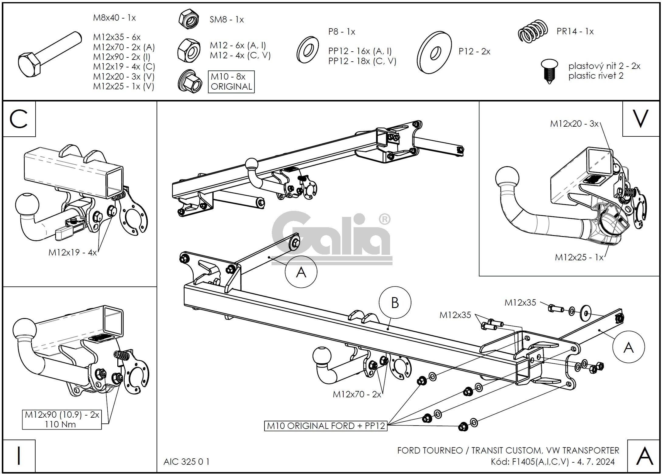 Полностью оцинкованный фаркоп на Ford Tourneo Custom 2023-, Ford Transit Custom 2023-, VW Transporter T7 2024-. Тип шара: AV (вертикальное быстросъемное крепление шара на ключе). Установка без выреза бампера. Нагрузки: 2800/180 кг, масса фаркопа 24,35 кг