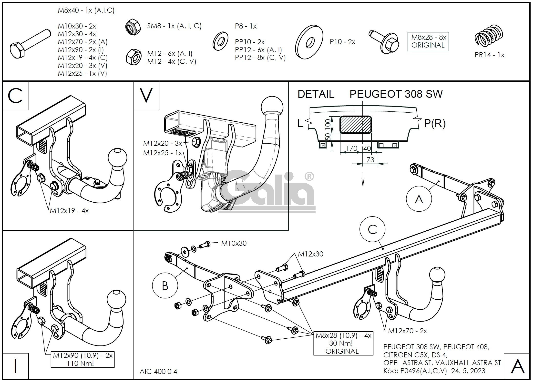 Полностью оцинкованный фаркоп на Citroen C5 X 2022-, Peugeot 308 SW универсал 2022-, Peugeot 408 2022-, Opel Astra L универсал 2022-, DS DS4 2021-. Тип шара: AV (вертикальное быстросъемное крепление шара на ключе). Невидимый вырез бампера. Нагрузки: 1600/80 кг, масса фаркопа 17,97 кг