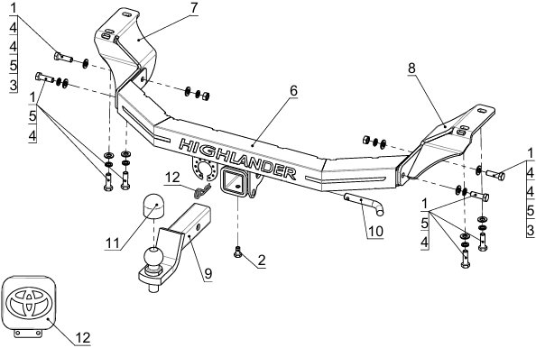 Фаркоп на Toyota Highlander 2014-2020 с накладкой с надписью Highlander без подрезки бампера. Тип шара: E (шаровый узел под американский квадрат). Нагрузки: 1500/100 кг